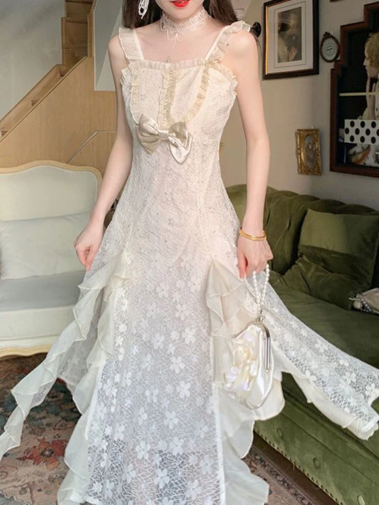 Prancūzijos Derliaus Saldus Pasakų Suknelė Moterims Lankas Nėrinių Korėjos Stiliaus Diržas Moteriška Suknelė Be Rankovių Elegantiškas Šalis Midi Suknelė Rudenį 2022 1