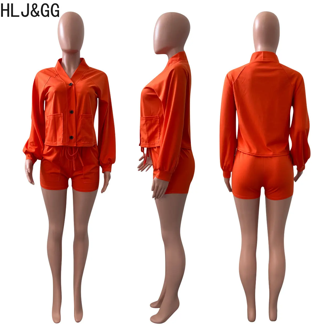 HLJ&GG Atsitiktinis vientisos Spalvos Šortai Dviejų dalių Komplektas Rudenį Apranga Moterims Mygtuką ilgomis Rankovėmis Marškinėliai+Šortai, sportiniai Kostiumai Moterų Atitikimo Kostiumas 5