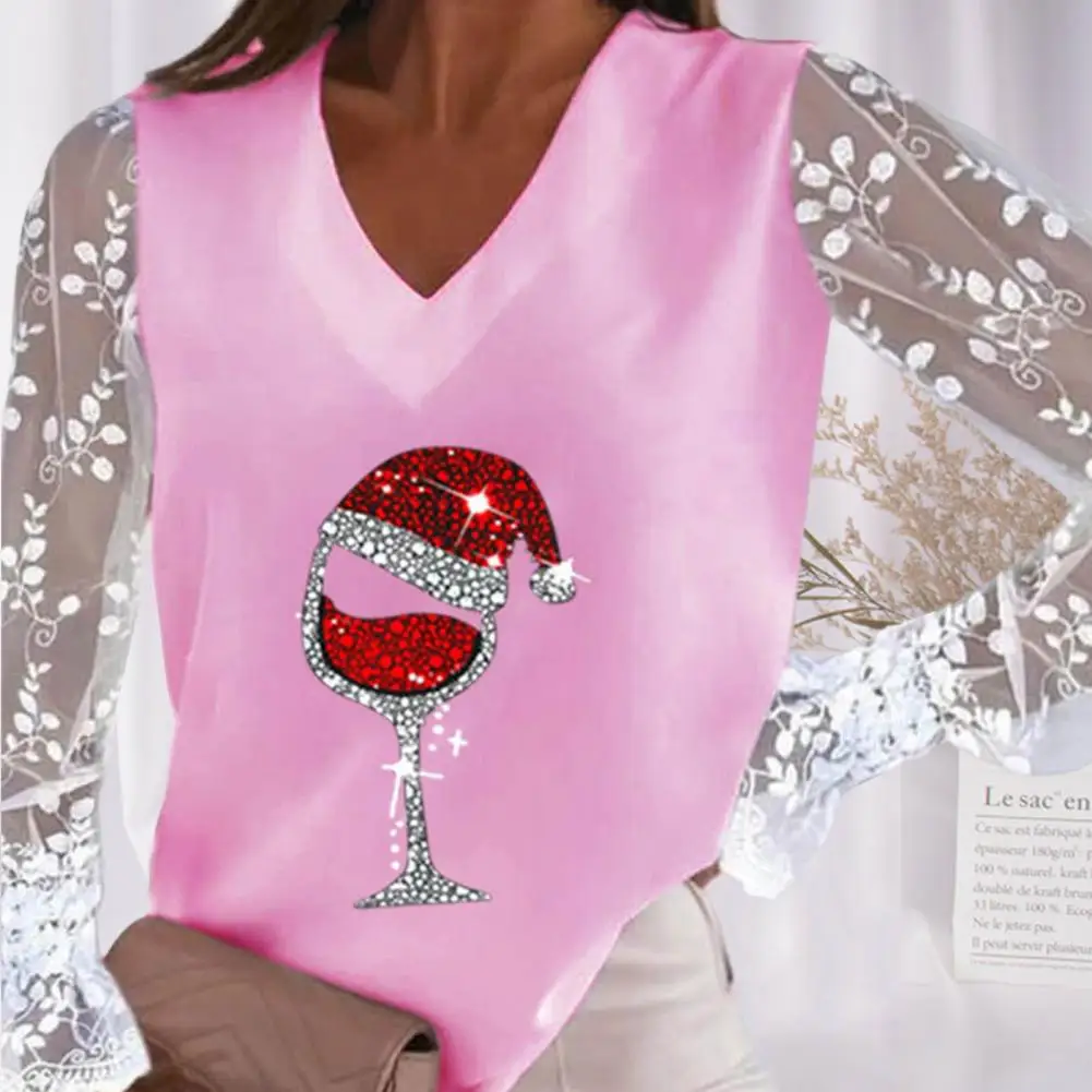 V Kaklo Gėlių Siuvinėjimas Nėrinių Modelio Dygsniais Ilgomis Rankovėmis Kalėdų Viršuje Moterų Vyno Taurės Briedžių Spausdinti Palaidinė Marškinėliai Streetwears