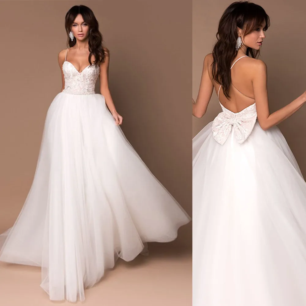 A-Line Baltos Seksualus Vestuvių Suknelės Moterims Spageti Dirželis Stebėjimo su Bobo Bowknot Rankovių Vestuvinės Suknelės Backless