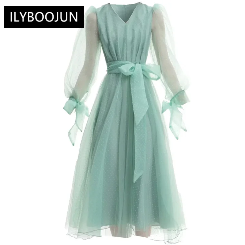 Suknelės Moterims 2022 Elegantiškas, Aukštos Kokybės, Prabangos Dizaineris Rudens Tinklelio, V-kaklo, Žibintų Sleeve Lace-up Kietas Dot Lankas Diržų Suknelė