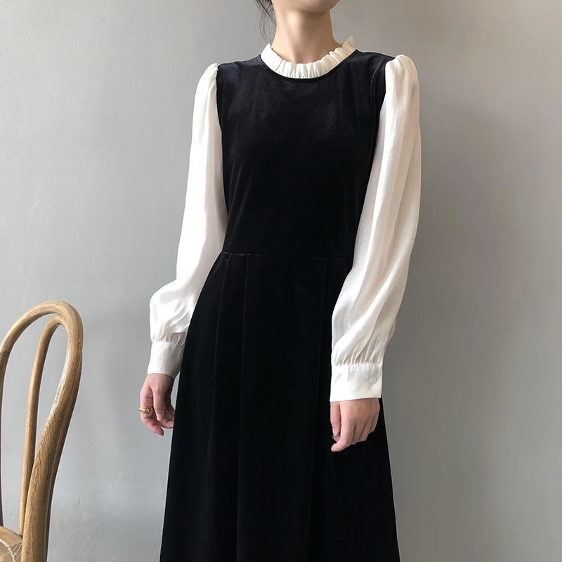 Vidutinio ilgio Moterų suknelė 2022 Naują Pavasario-line sijonas Susiuvimo Apvalios kaklo Kontrastas Sluoksniuotos rankovėmis Atsitiktinis Megztinis Hepburn Suknelė 0