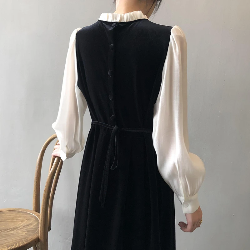 Vidutinio ilgio Moterų suknelė 2022 Naują Pavasario-line sijonas Susiuvimo Apvalios kaklo Kontrastas Sluoksniuotos rankovėmis Atsitiktinis Megztinis Hepburn Suknelė 1