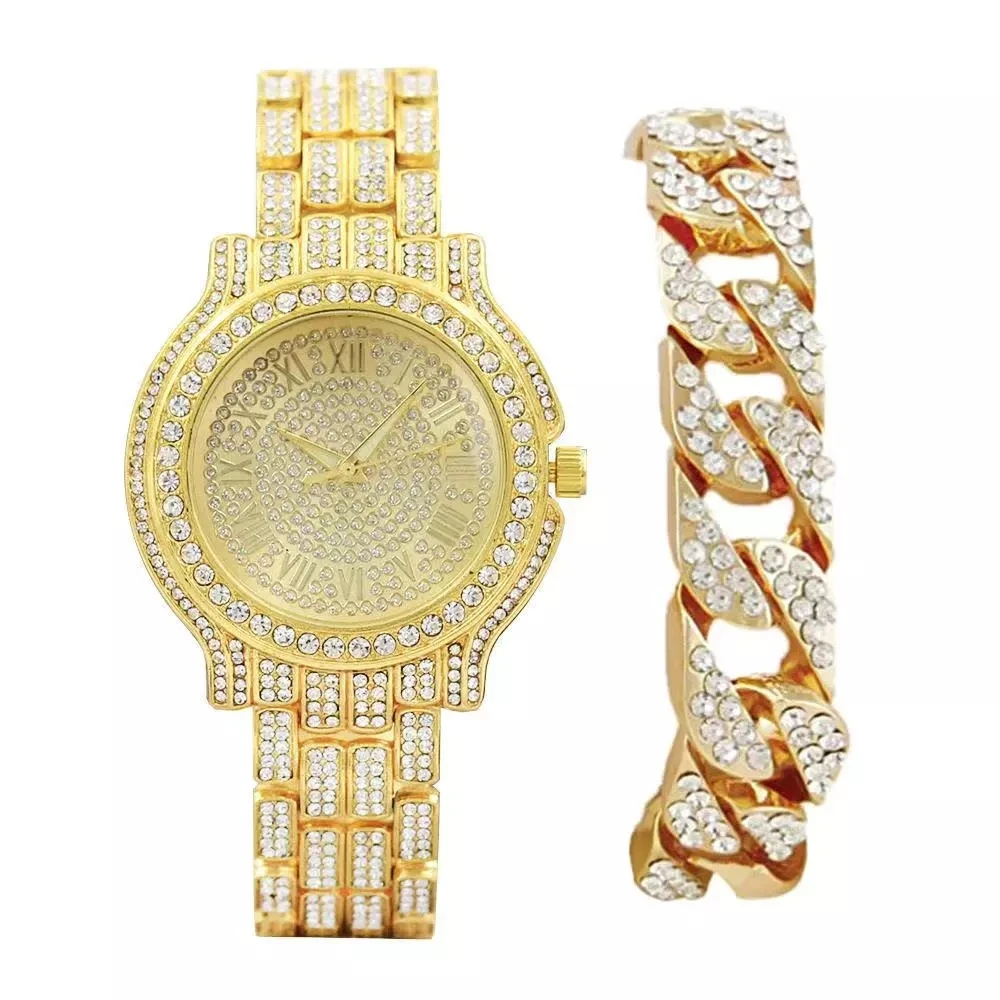 Lediniame Iš Prabangūs Laikrodžiai Kvarcinis Laikrodis su Micropave CZ Lydinio Diamond Hip-Hop Laikrodžiai Moterims, Vyrams, Papuošalai, Nustatykite Reloj