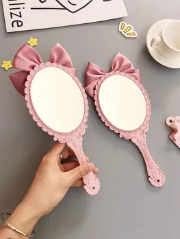HE14 Mielas bowknot kūrybos rankena makiažo veidrodėliai rankiniai grožio salonas princesė makiažas veidrodis nešiojamų veidrodis Rožinė spalva