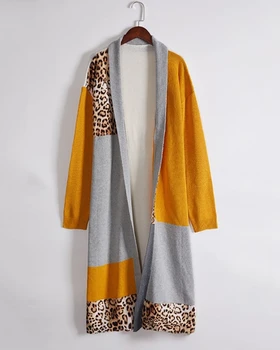 Atsitiktinis Cheetah Spausdinti Colorblock Ūdomis Megztinis ilgomis Rankovėmis kailis Atidaryti Priekiniai elegantiškas rudenį, pavasarį naują mados komplektus drabužių