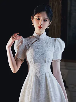 Elegantiškas Mandarinų Apykaklės Sluoksniuotos Rankovėmis Zawalcowany Kutas Atgal Užtrauktuką Suknelės, Šaliai, Pokylių Moterų Etape Parodyti Suknelės Cheongsam
