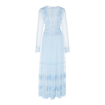 Moterų Suknelė 2021 Naujas Sunkiosios Pramonės žydros spalvos Nėriniais, Šifono ilgomis Rankovėmis Aukštos Kokybės Temperamentas Ilga Suknelė 4