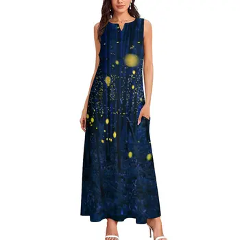Naktį Miško Suknelė Vasaros Fireflies Spausdinti Gatvės Dėvėti Atsitiktinis Ilgos Suknelės Moteriška Šalis Maxi Suknelę Dovanų Idėjos