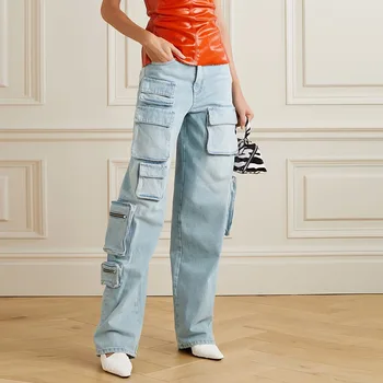 Moterų Rudenį ir Žiemą, Naujosios Gatvės Stiliaus Multi Pocket Mados darbo drabužiai Išplauti Šviesiai Mėlynos spalvos, Tiesūs Ilgi Džinsai