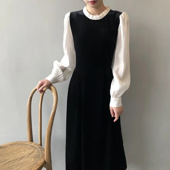 Vidutinio ilgio Moterų suknelė 2022 Naują Pavasario-line sijonas Susiuvimo Apvalios kaklo Kontrastas Sluoksniuotos rankovėmis Atsitiktinis Megztinis Hepburn Suknelė 2