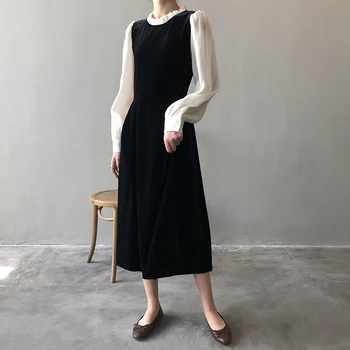 Vidutinio ilgio Moterų suknelė 2022 Naują Pavasario-line sijonas Susiuvimo Apvalios kaklo Kontrastas Sluoksniuotos rankovėmis Atsitiktinis Megztinis Hepburn Suknelė 3