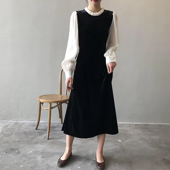 Vidutinio ilgio Moterų suknelė 2022 Naują Pavasario-line sijonas Susiuvimo Apvalios kaklo Kontrastas Sluoksniuotos rankovėmis Atsitiktinis Megztinis Hepburn Suknelė 4