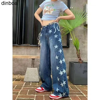 Dinboa-2022new Retro Harajuku Amerikos Gatvės Star Spausdinti Džinsai Moterų Sunkiosios Pramonės Plauti Mėlyna Lazdos Atsitiktinis Y2k Plačios Kelnės Ins