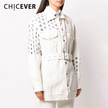 CHICEVER Atsitiktinis Džinsai Striukės Moterims Atvartas ilgomis Rankovėmis Varčias Tuščiaviduriai Iš Paltai Moterų 2021 Pavasario Mados Streetwear Naujas