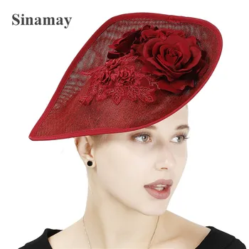 Mados Vyno Raudona Nuotakos Derby moteriška skrybėlaitė Skrybėlę Su Plunksna Gėlių Imitacija Sinamay Nėrinių Skrybėlę Moterų, Vestuvių Plaukų Aksesuarai XMF440