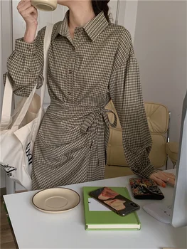 HziriP Moterų Marškinėliai Suknelė Karšto Rudenį Pledas Stilingas Uždaryti Juosmens 2022 Prašmatnus Darbo Dėvėti Plonas Office Lady Streetwear Naujas Elegantiškas OLIS 2