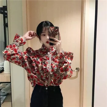 2022 m. Pavasarį Naujas korėjiečių Versija Retro Gėlių Palaidinė Vakarų Stiliaus Stand-up Apykaklės Spausdinti Susiėmę ilgomis rankovėmis Marškinėliai Moterims